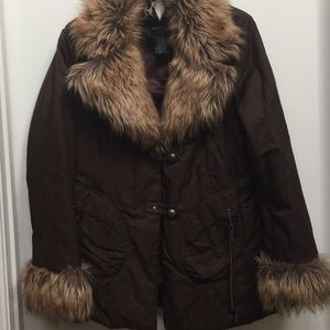 COAT SALE - Dennis Basso Studio coat brown w faux fur cuffs and hood